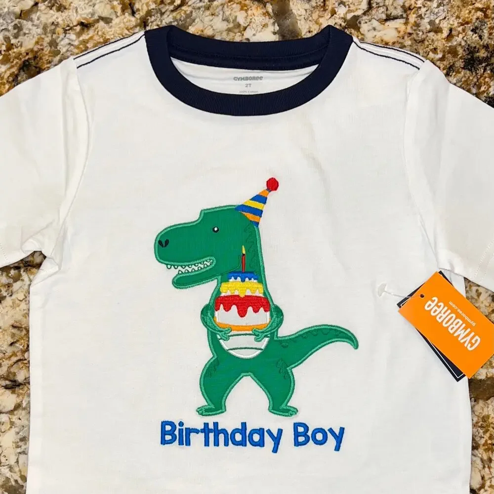NWT Gymboree Boys' White/Ivory Embroidered Birthday Dinosaur T-Shirt
